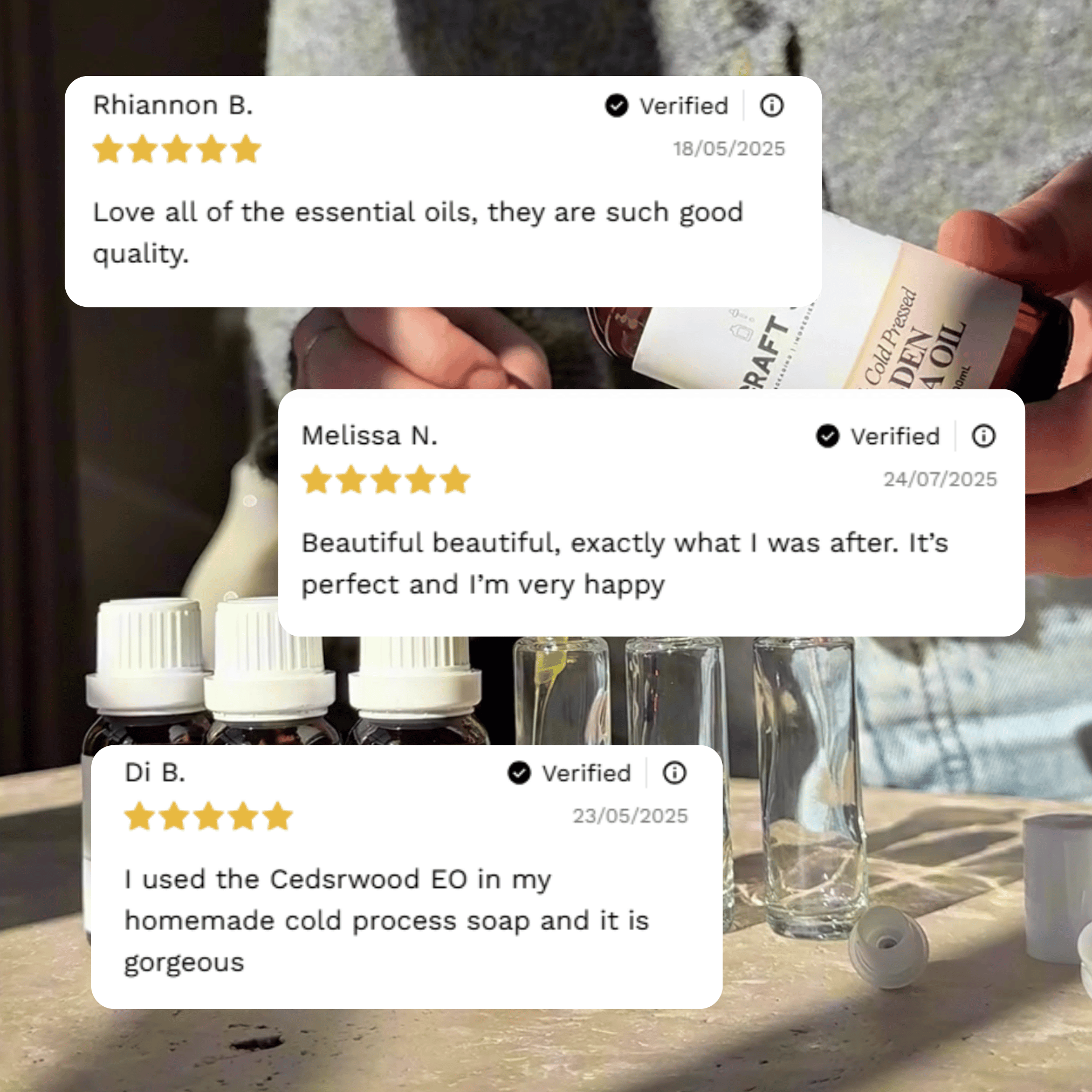 Customer reviews highlighting experiences with Craft 360's Cedarwood Essential Oil.