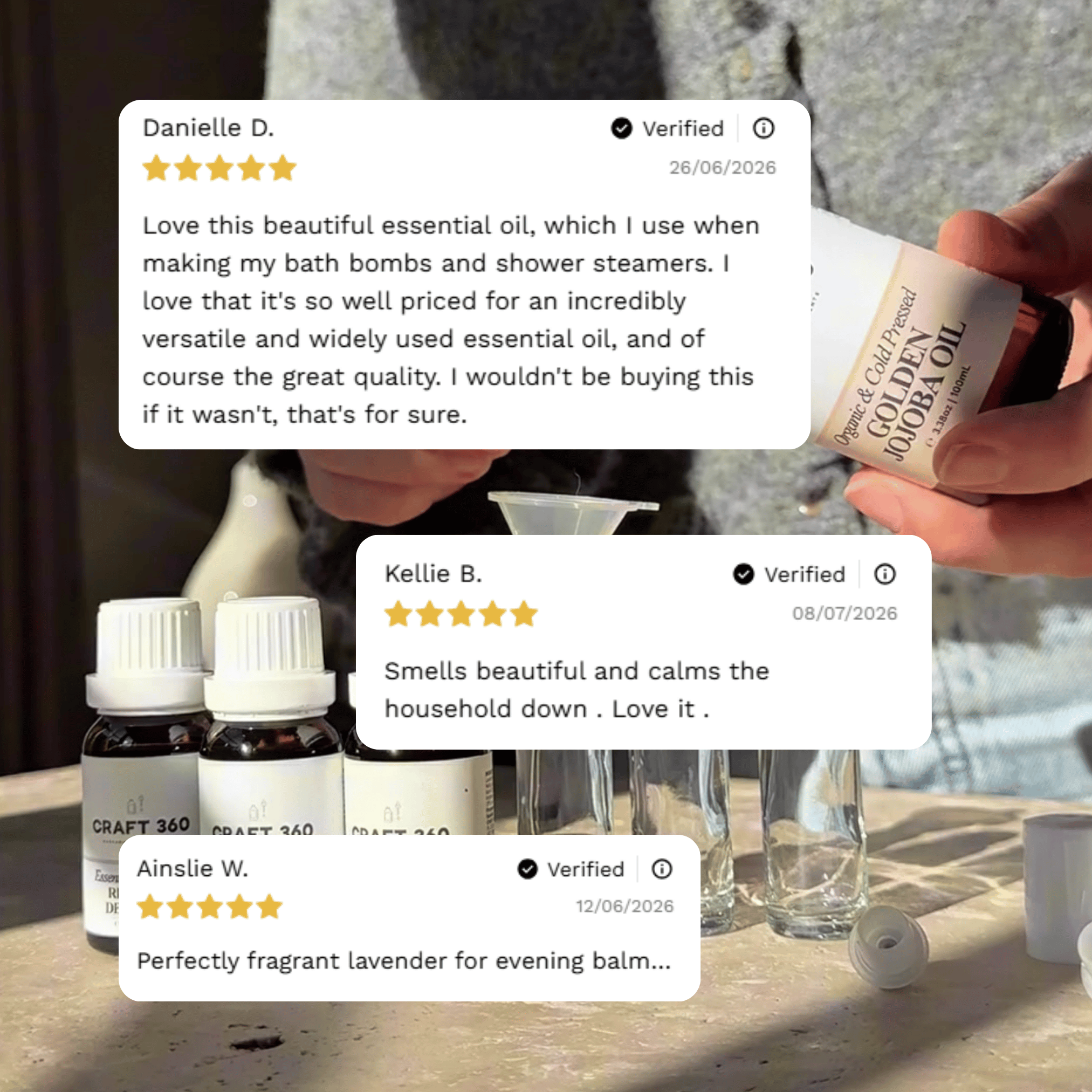 Customer reviews highlighting experiences with Craft 360's Lavender Essential Oil.