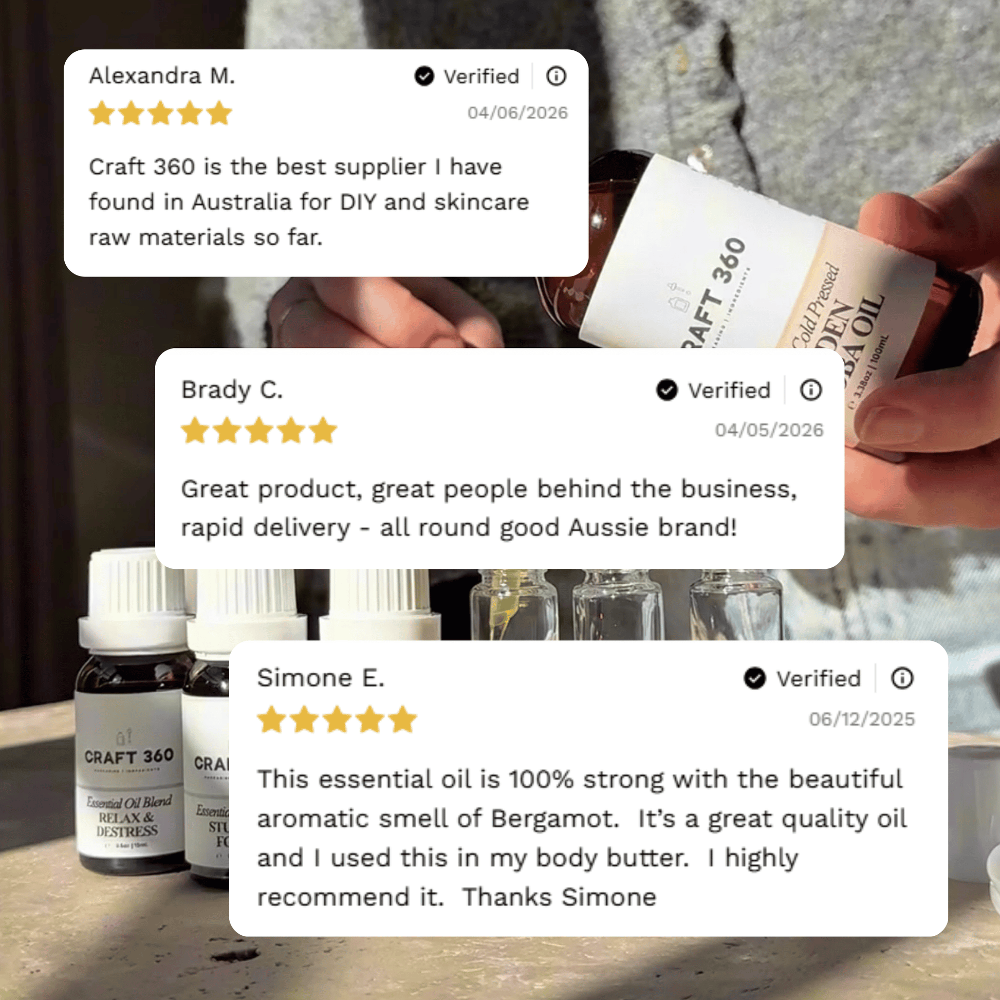 Customer reviews highlighting experiences with Craft 360's Bergamot Essential Oil.