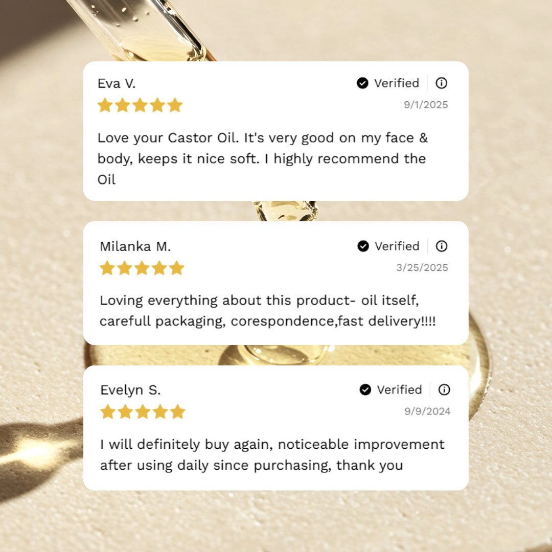 Three verified customer review cards with star ratings and text testimonials, overlaid on a close-up photo of castor oil being dropped against a warm beige background.