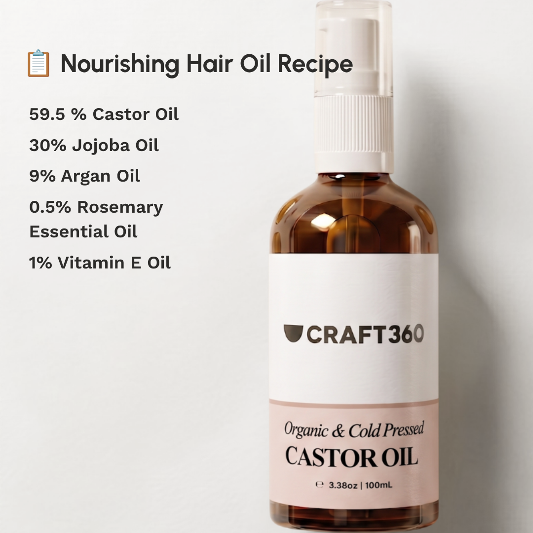 A bottle of Craft360 Castor Oil with a white label and spray top, shown next to a text list detailing a recipe for a hair oil.