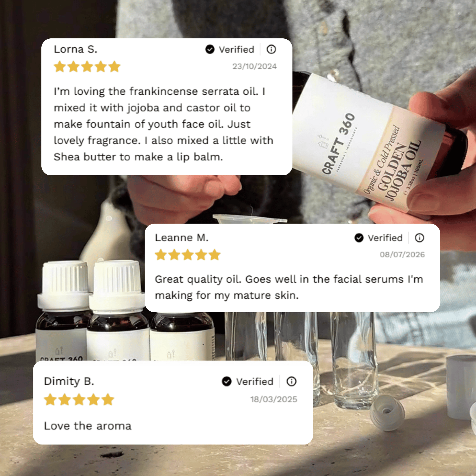 Customer reviews highlighting experiences with Craft 360's Frankincense Essential Oil.