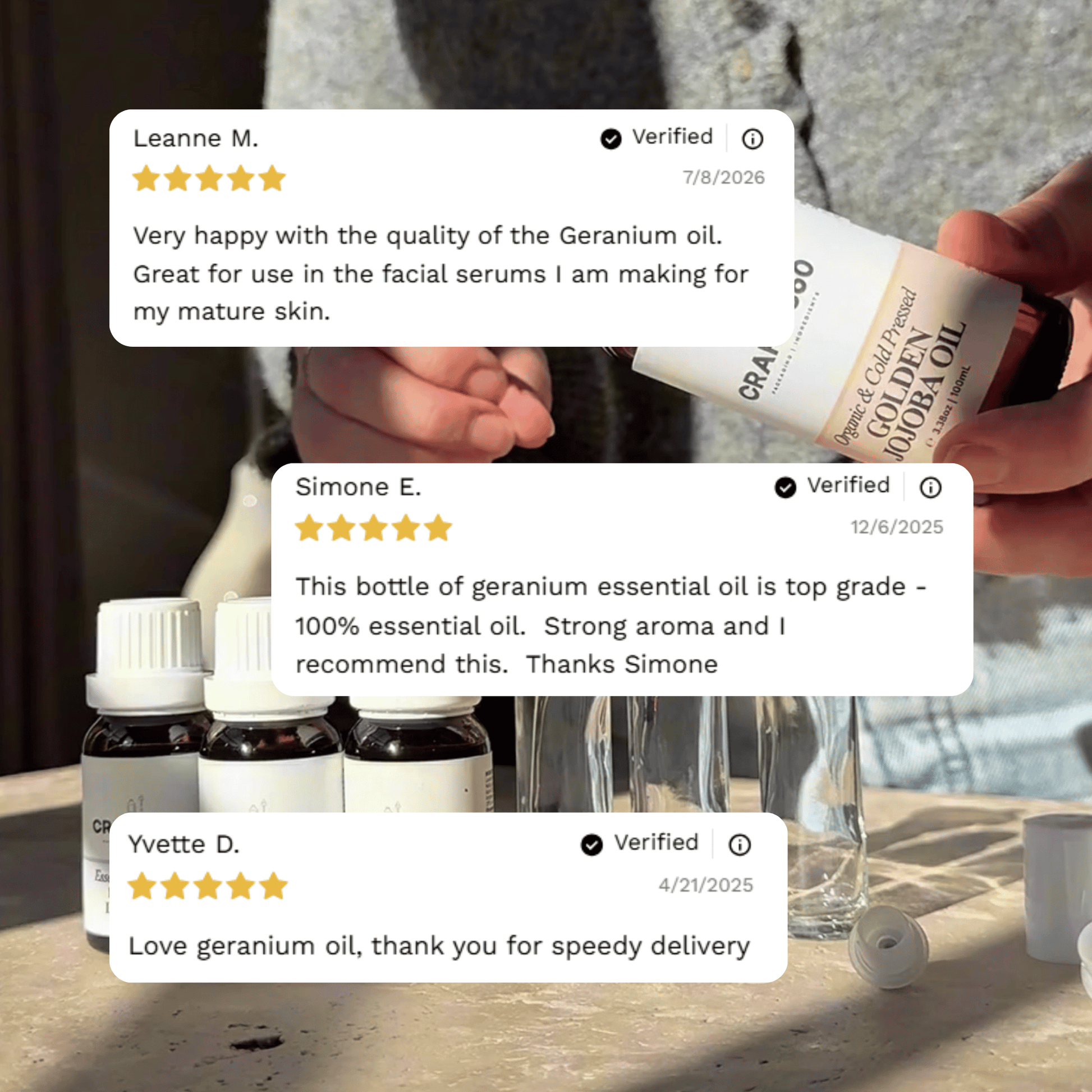 Customer reviews highlighting experiences with Craft 360's Geranium Essential Oil.