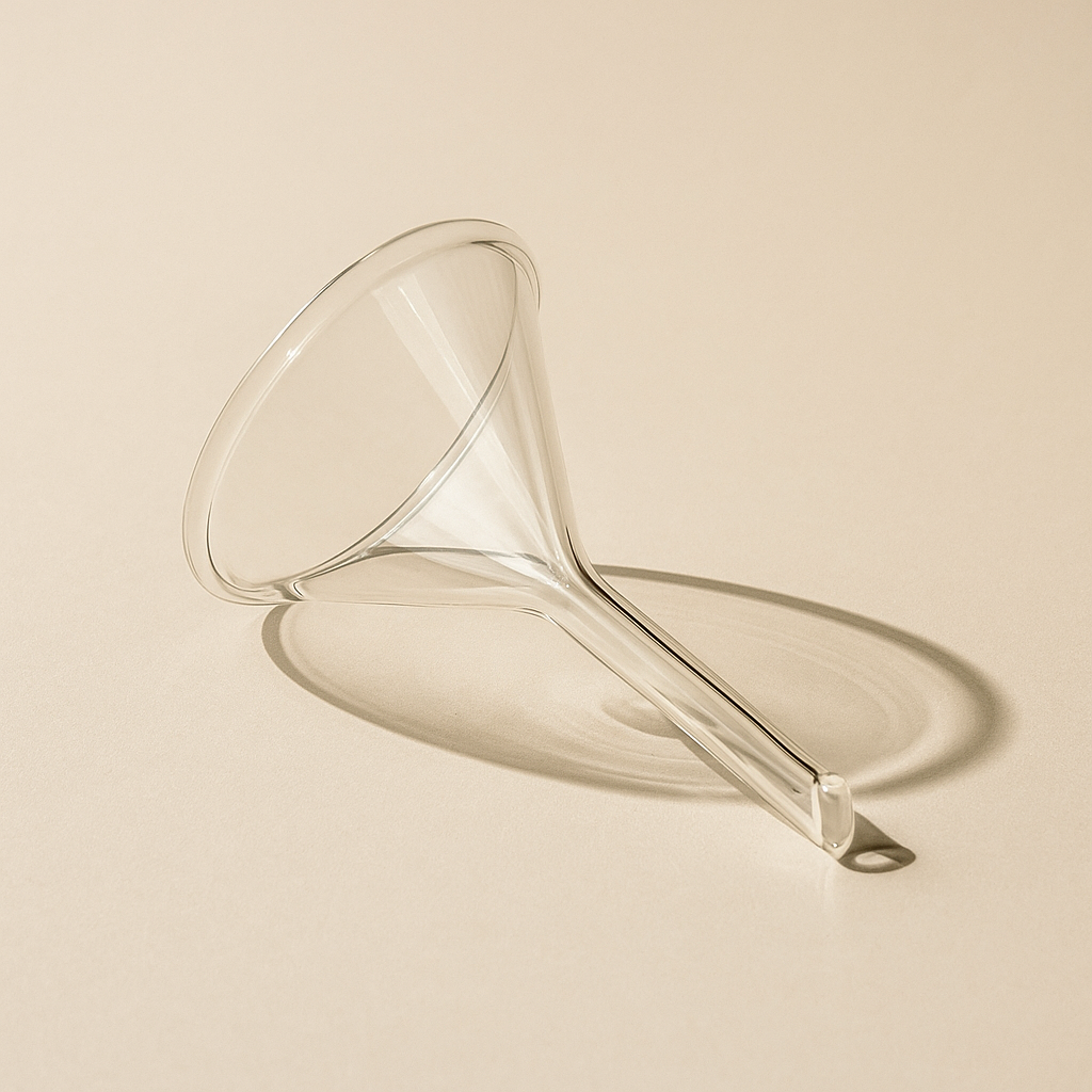 Clear glass funnel on a beige background
