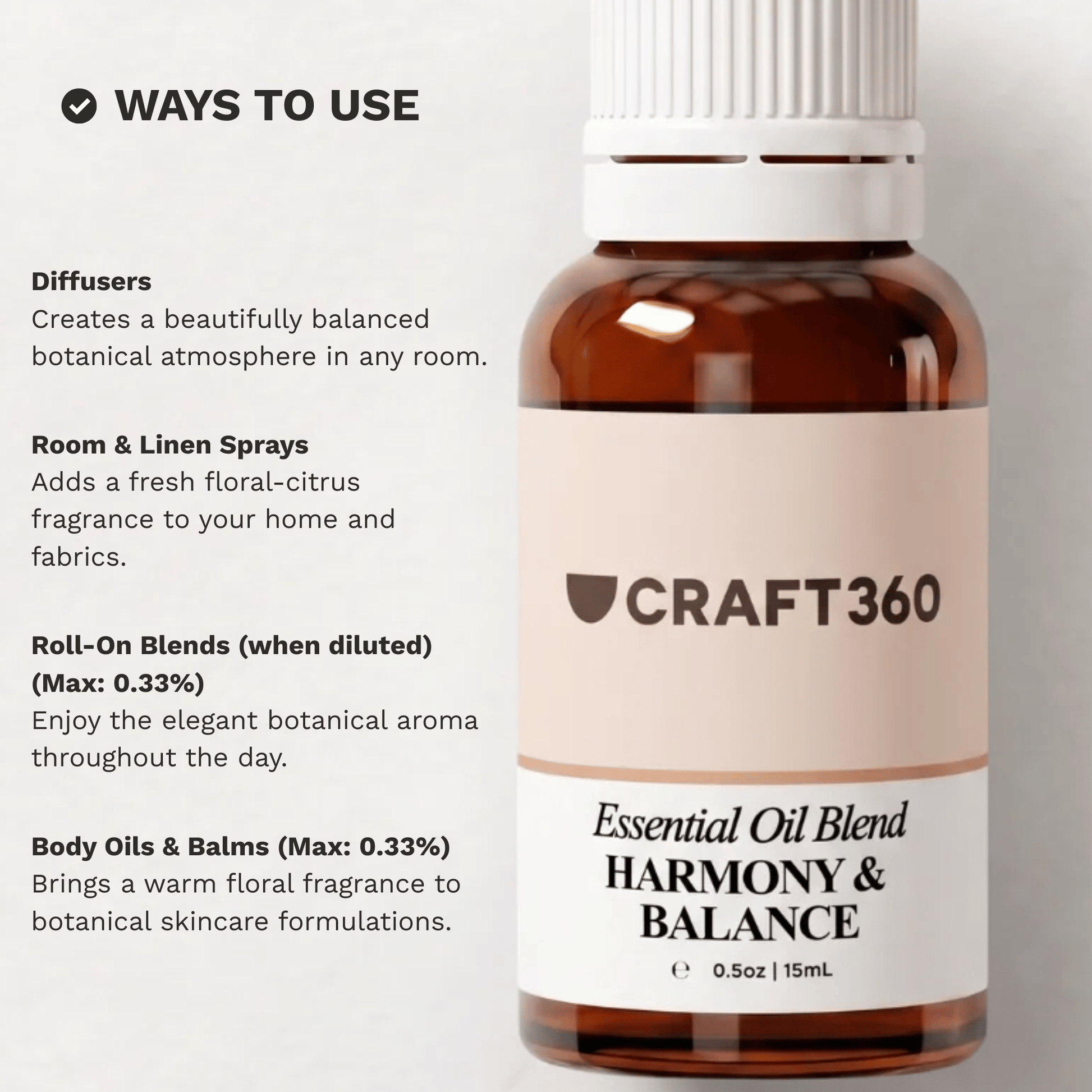 Infographic showing common ways to use the Harmony & Balance Essential Oil Blend in aromatherapy and DIY formulations.