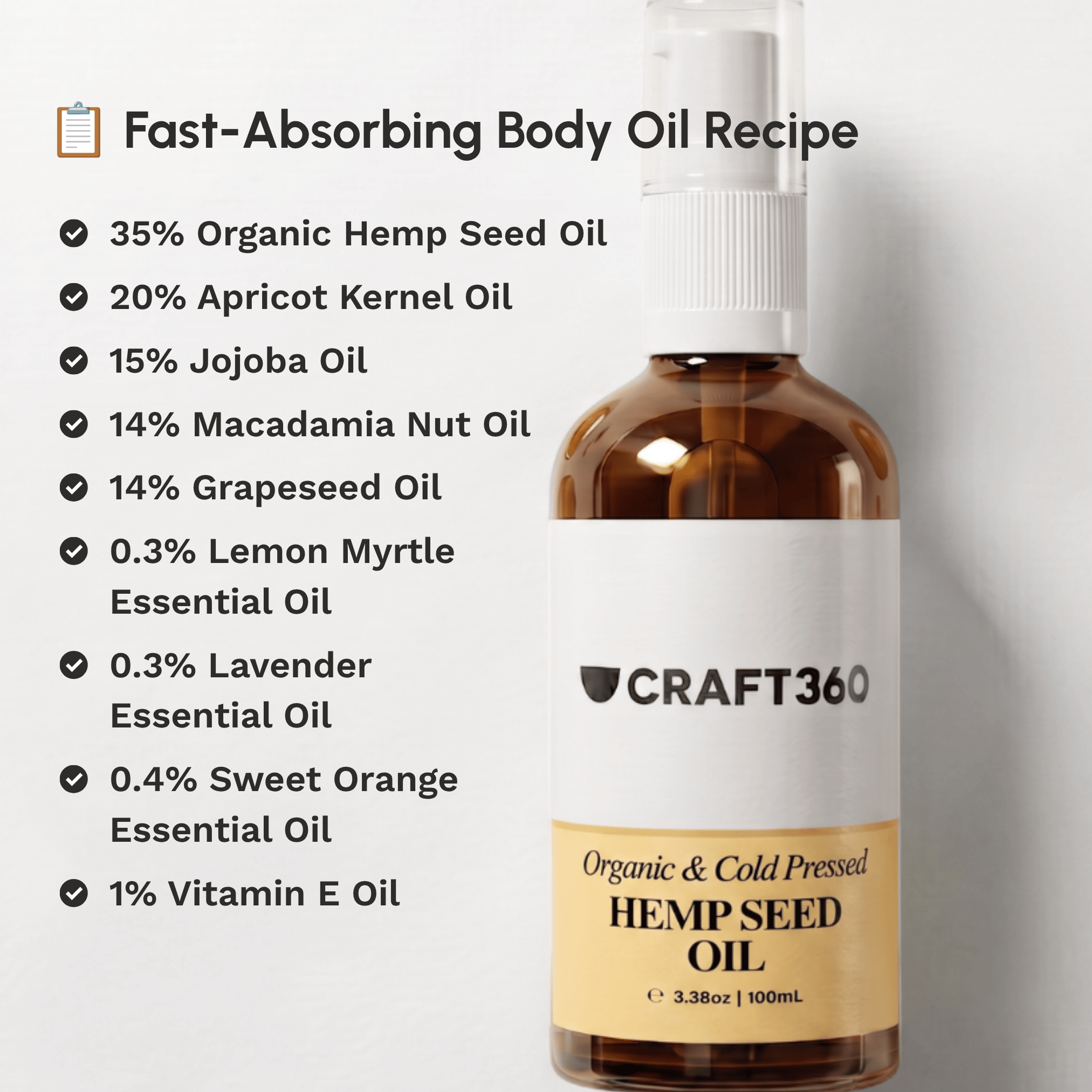 Body oil recipe featuring Organic Golden Hemp Seed Oil with complementary carrier and essential oils