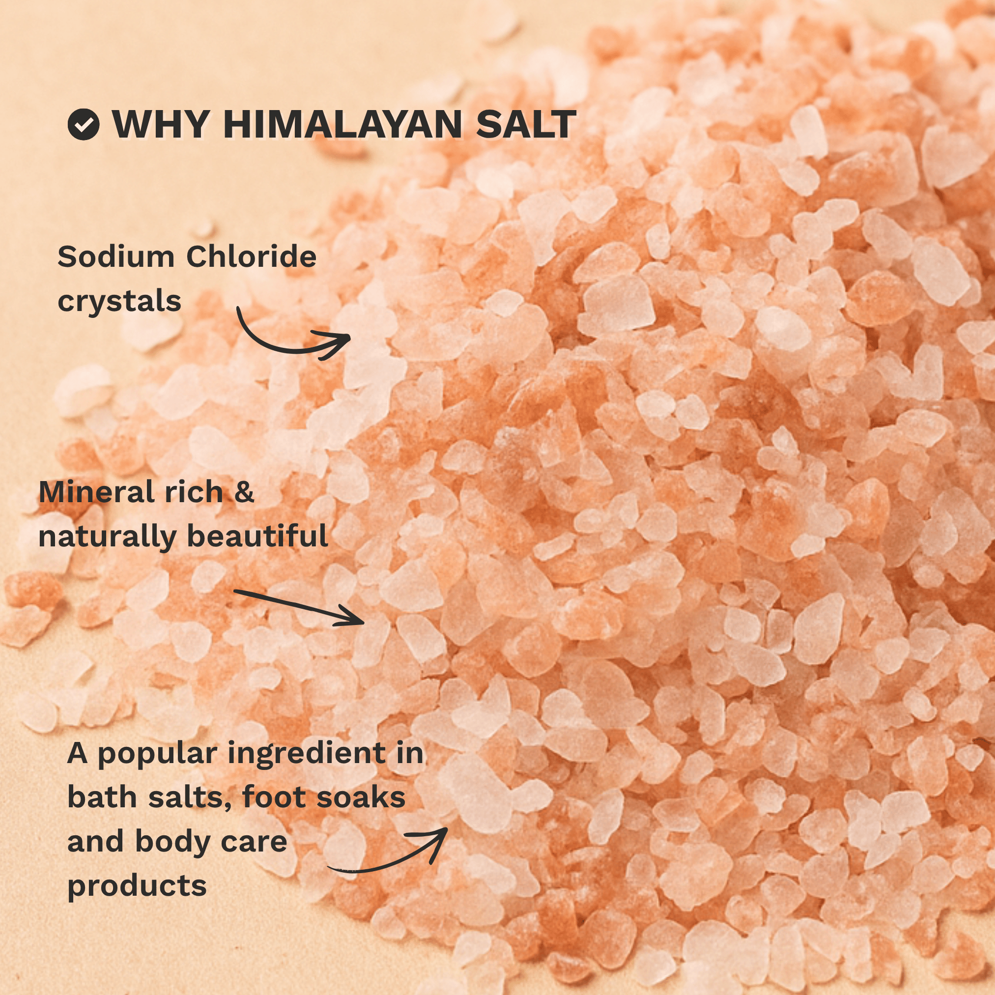 Infographic highlighting the natural characteristics and common uses of Coarse Himalayan Pink Salt