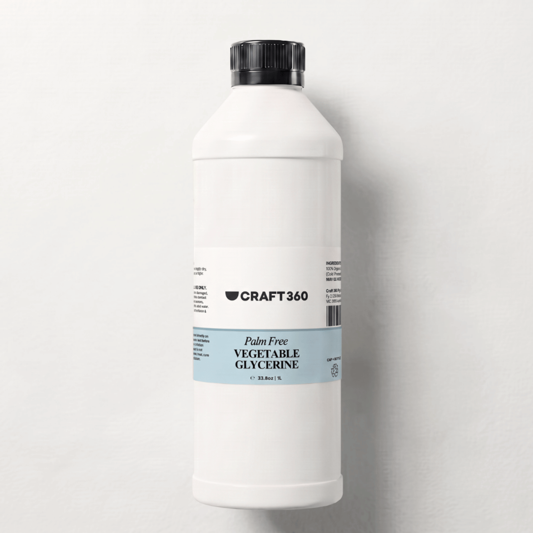 1 L bottle of Palm Free Vegetable Glycerine for skincare and cosmetic formulations