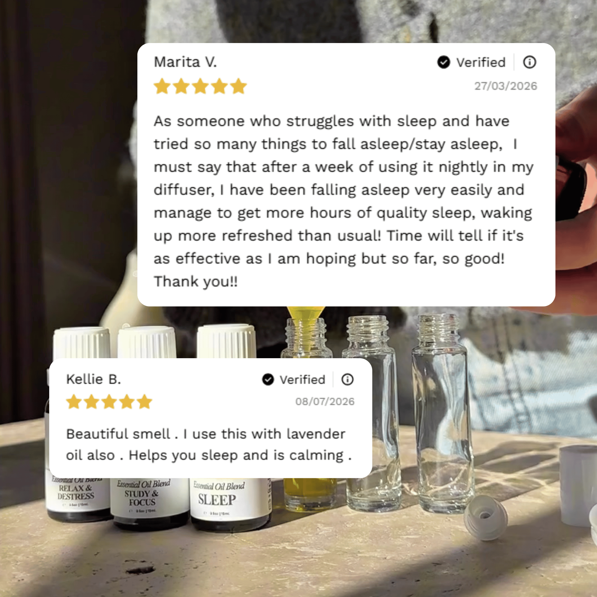 Customer reviews highlighting experiences with Craft 360's Sleep Essential Oil Blend.