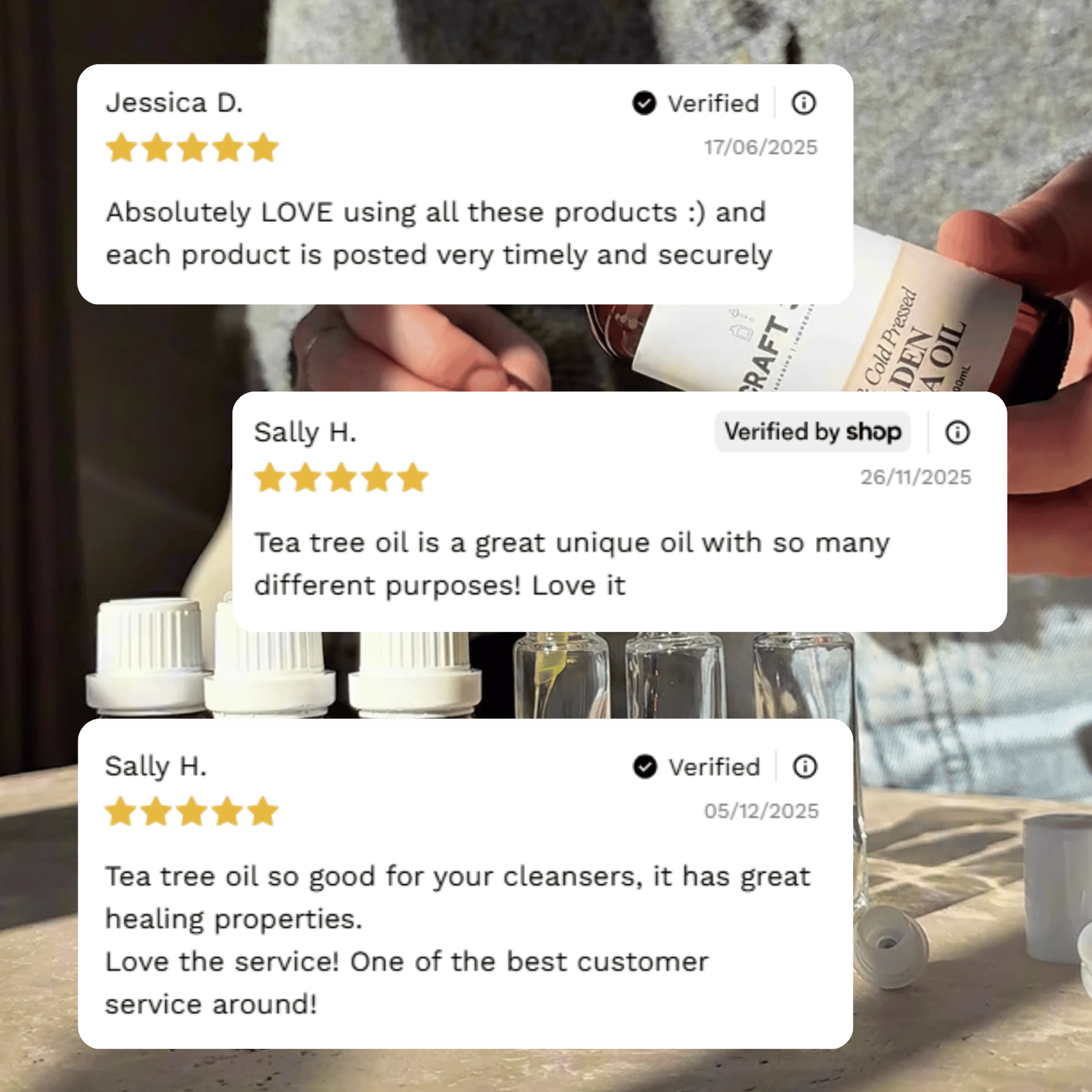 Customer reviews highlighting experiences with Craft 360's Tea Tree Essential Oil.