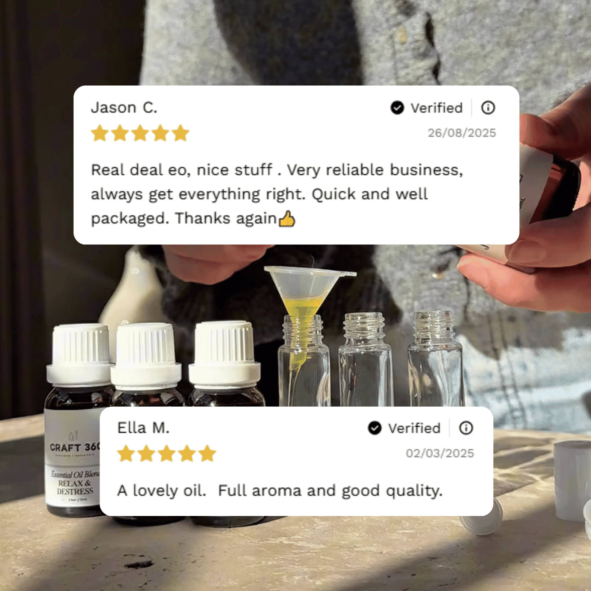 Customer reviews highlighting experiences with Craft 360's Vetiver Essential Oil.