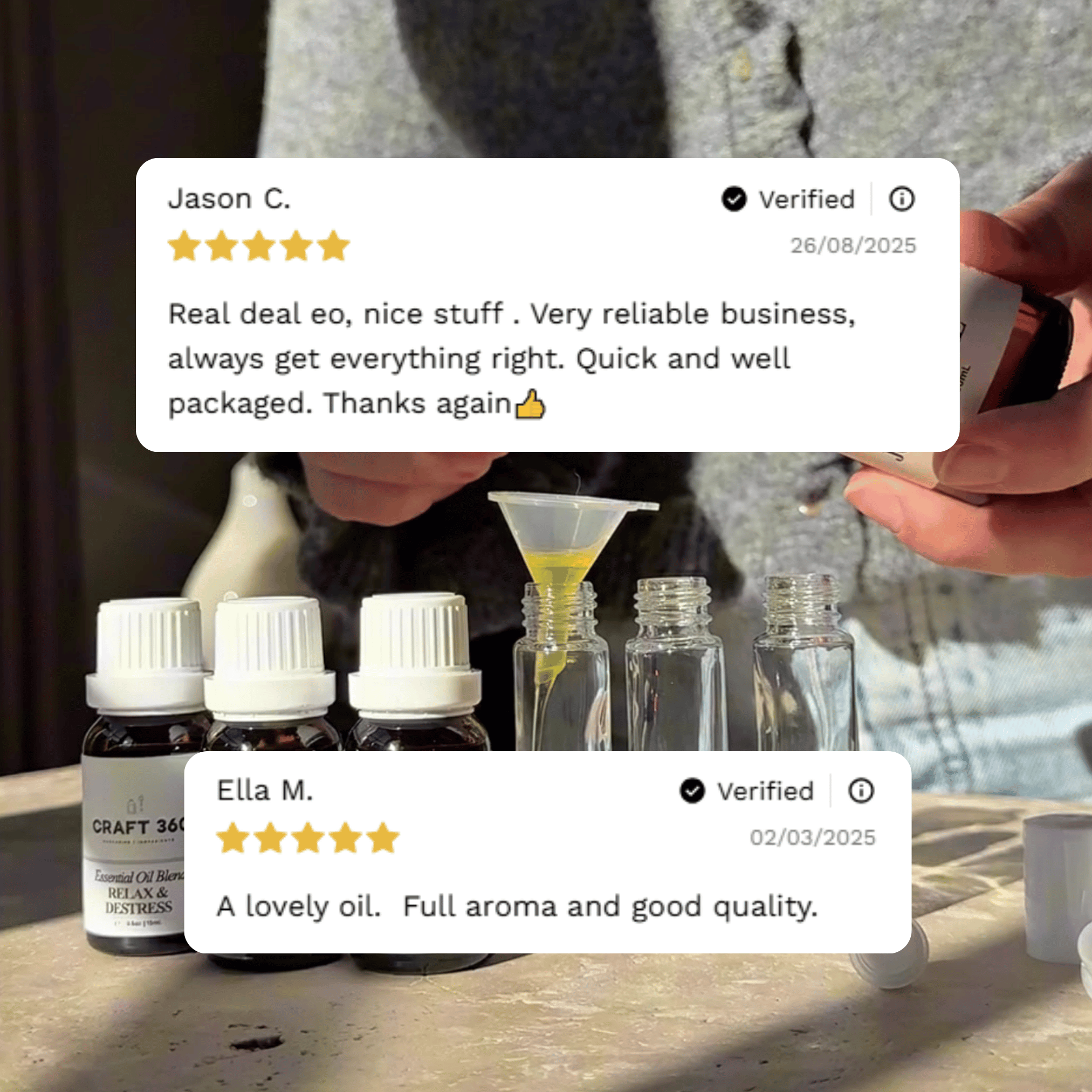 Customer reviews highlighting experiences with Craft 360's Vetiver Essential Oil.