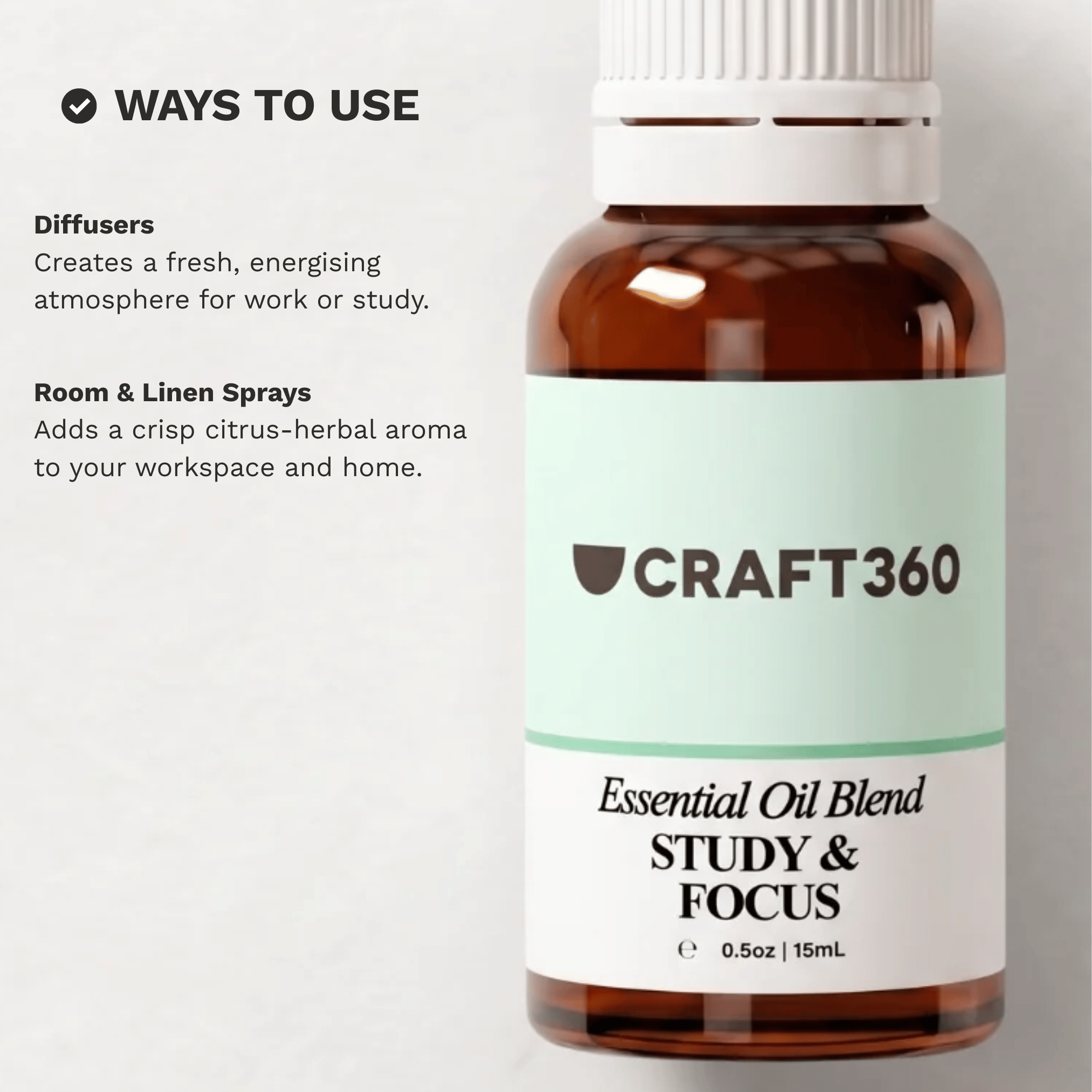 Infographic showing common ways to use the Study & Focus Essential Oil Blend in aromatherapy and daily routines.