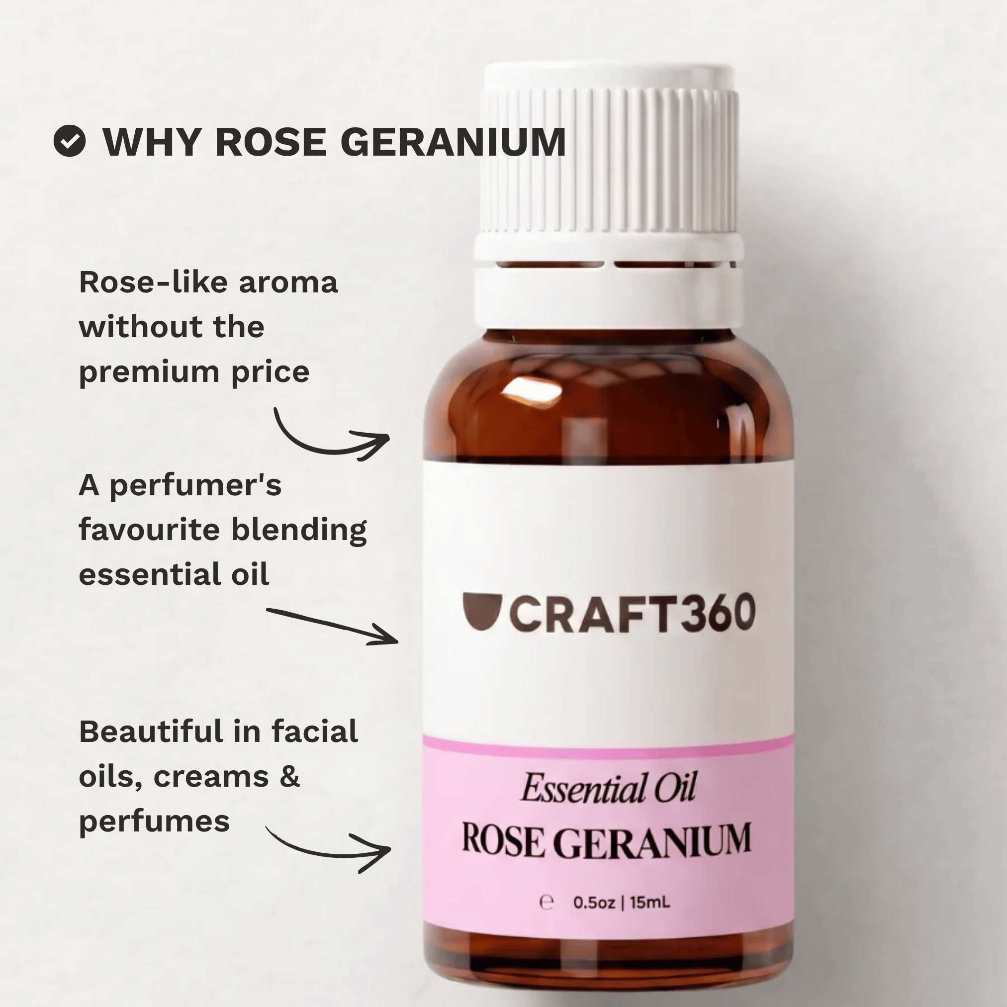 Infographic explaining why Rose Geranium Essential Oil is a popular choice for skincare, balancing blends and aromatherapy.