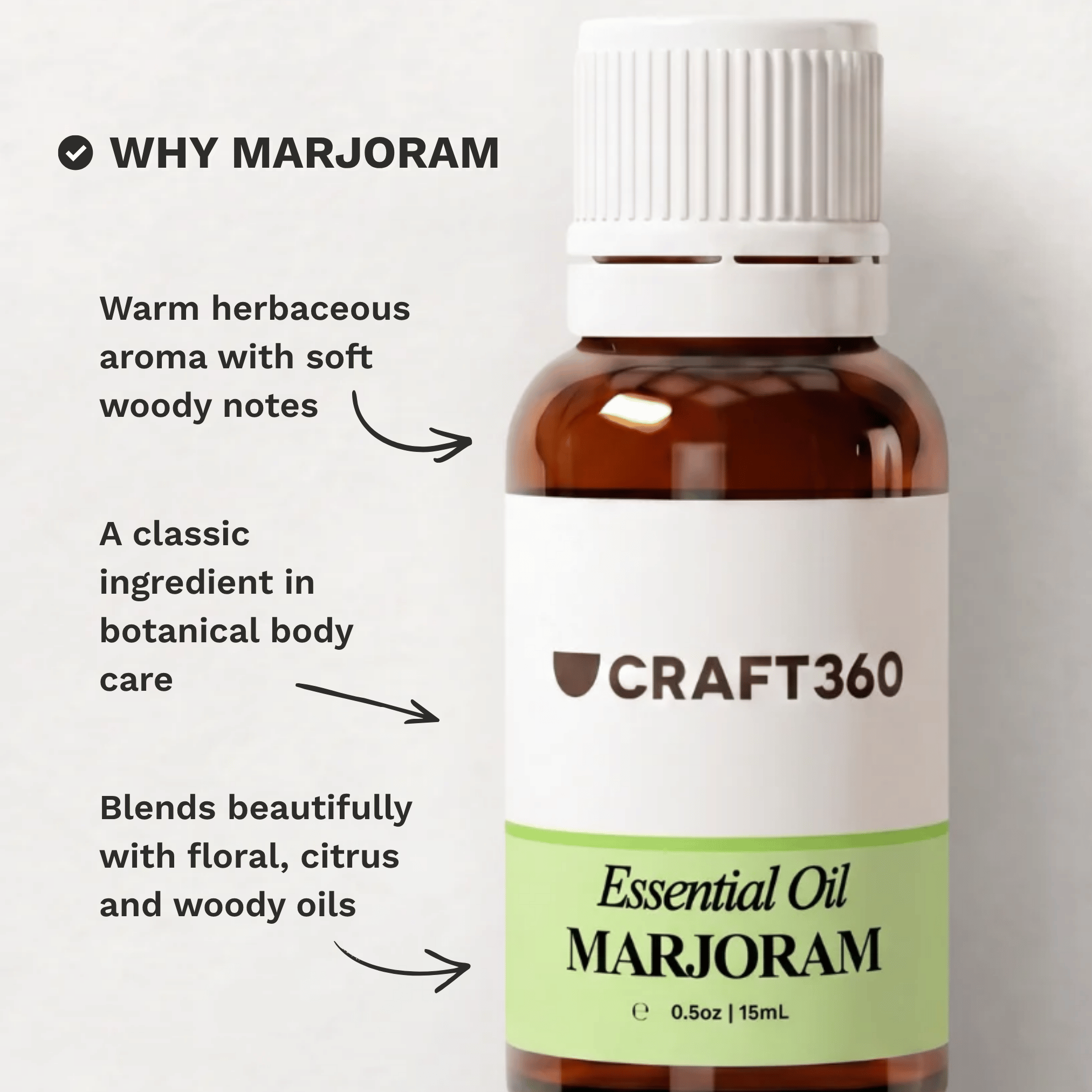 Infographic explaining why Sweet Marjoram Essential Oil is a popular choice for aromatherapy, massage and personal care.