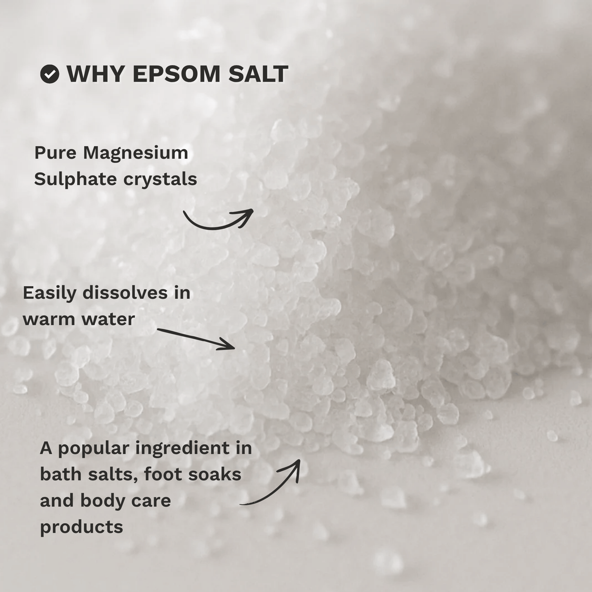 Infographic highlighting the key characteristics and common uses of Epsom Salt Magnesium Sulphate