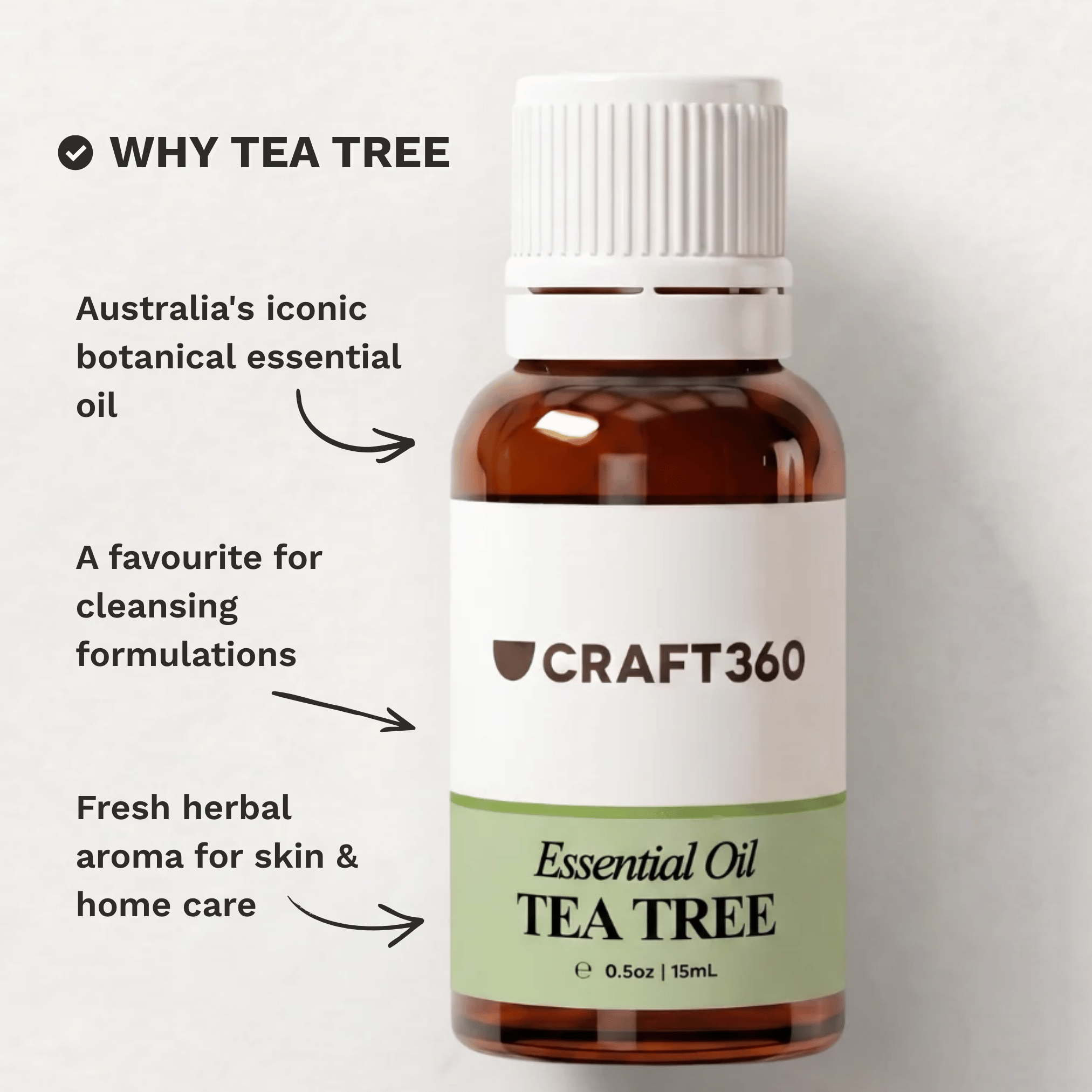 Infographic explaining why Tea Tree Essential Oil is a popular choice for skincare, hair care and aromatherapy.