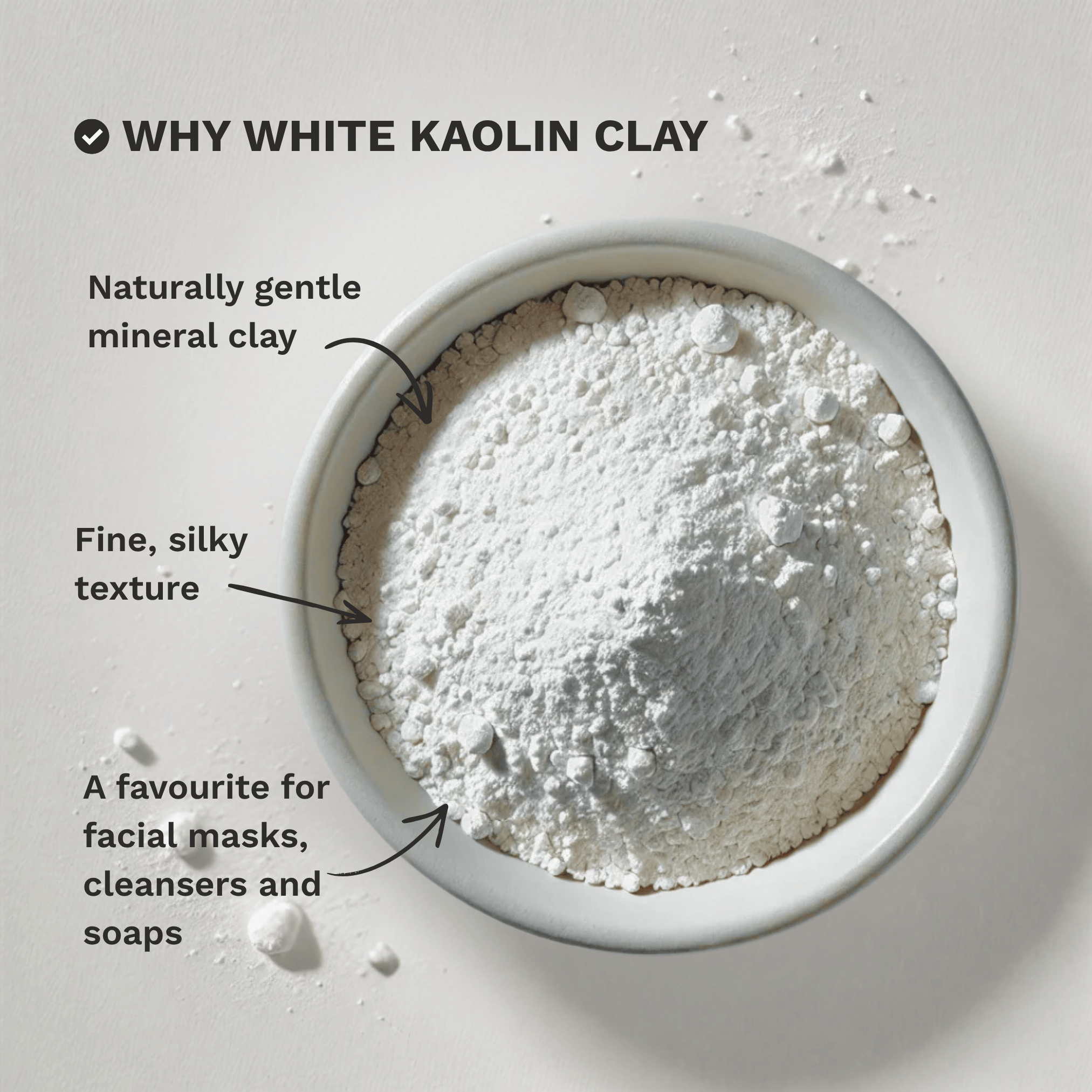 Infographic explaining why White Kaolin Clay is a popular choice for skincare, face masks and DIY formulations.