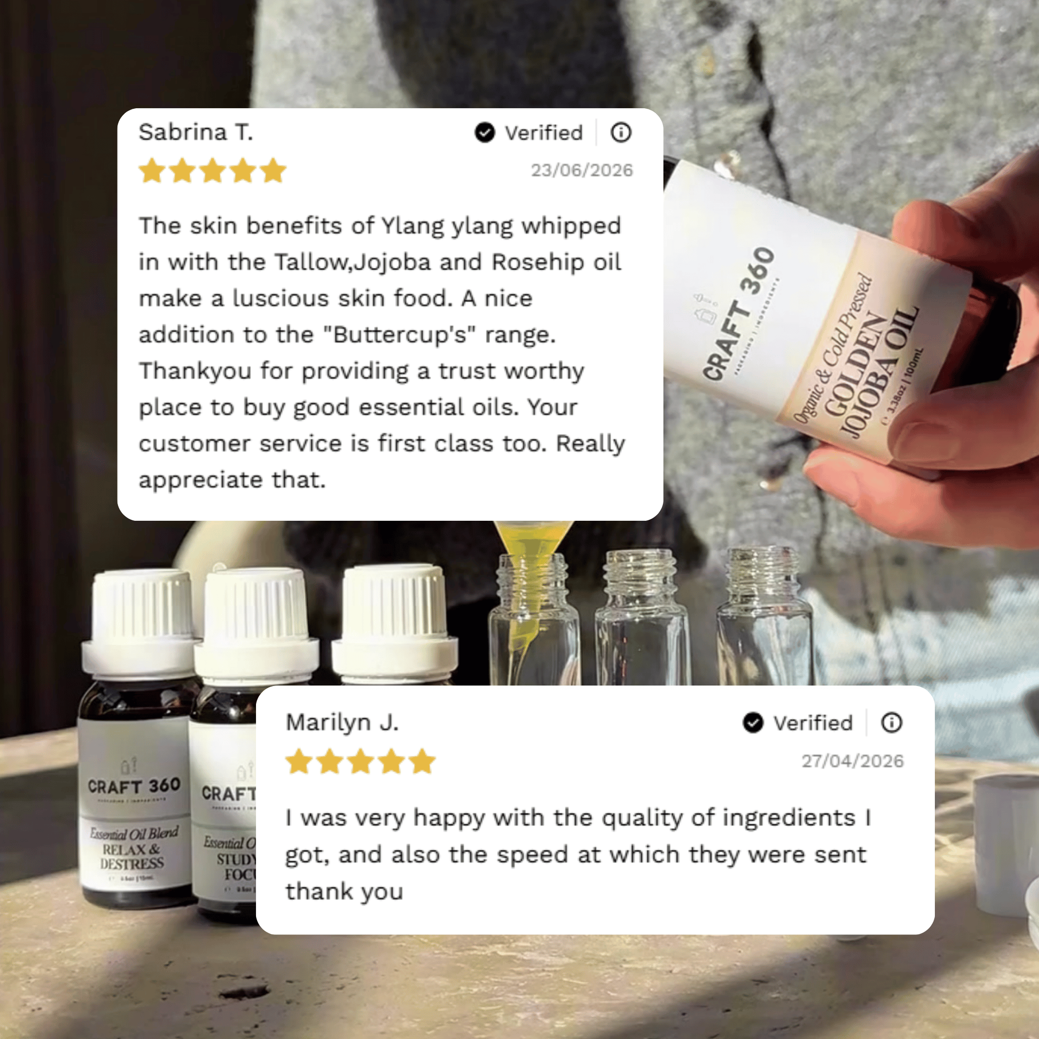 Customer reviews highlighting experiences with Craft 360's Ylang Ylang Essential Oil.